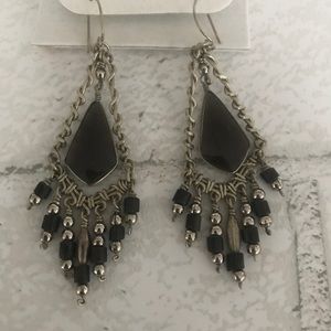 Distressed SilverTone/Amber/Black Dangle Earrings